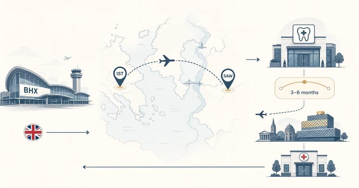 Birmingham'dan İstanbul'a diş implantı — BHX havalimanından Midlands bakım koordinasyonuyla West Midlands hasta yolculuğu