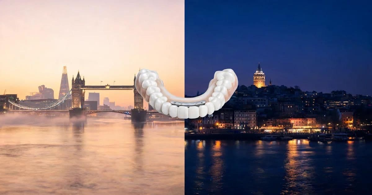 Londra'dan Türkiye'ye tam ağız diş implantı — Londra ve İstanbul'un tam kavis implant köprüsüyle bölünmüş karşılaştırması.