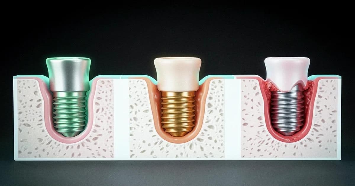 Diş implantı başarısızlık aşamaları: sağlıklı implant, periimplant mukozit ve periimplantitis kemik kaybı karşılaştırması.