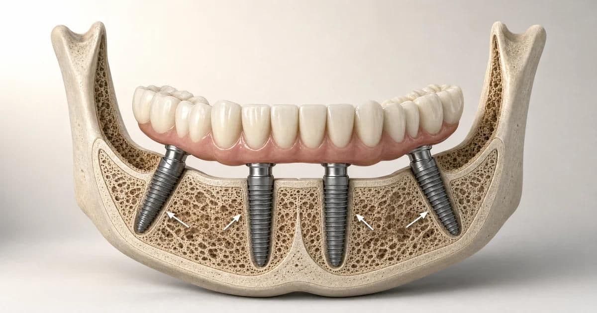Londra-Türkiye All-on-4 implant geometrisi — iki dik ön implant ve iki eğik distal implant tam ark köprüsü taşıyor