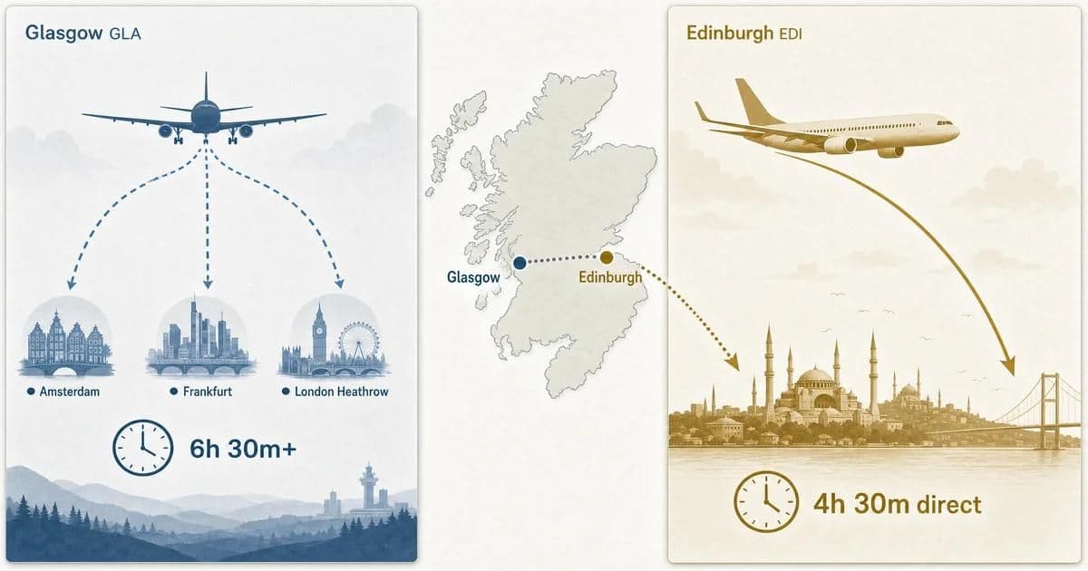 Glasgow'dan İstanbul'a diş implantı — GLA'dan direkt uçuş yok, Edinburgh EDI tek direkt İskoçya-İstanbul alternatifi
