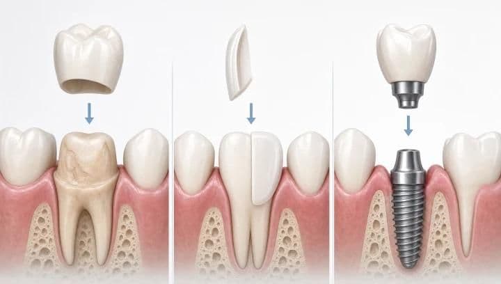 Porównanie korona, licówka i implant: korona okrywa uszkodzony naturalny ząb, licówka pokrywa zdrowy ząb, implant zastępuje brakujący korzeń zęba