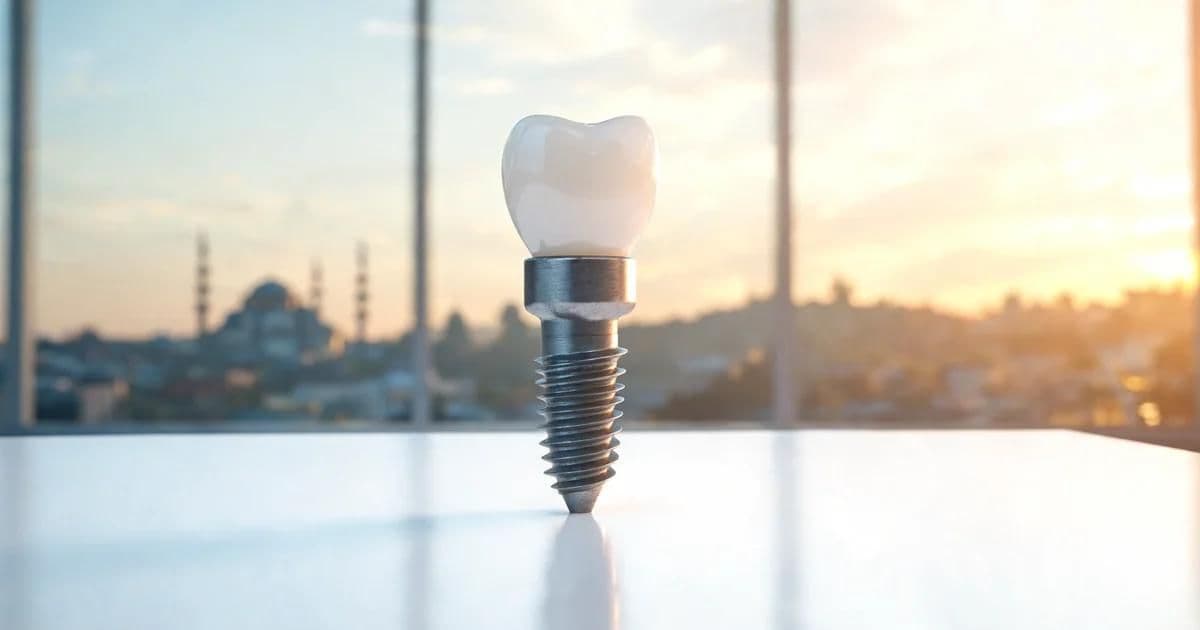Klinik zeminde premium titanyum diş implantı — Türkiye'de diş implantının neden kaliteden ödün vermeden daha uygun olduğunu gösteren görsel