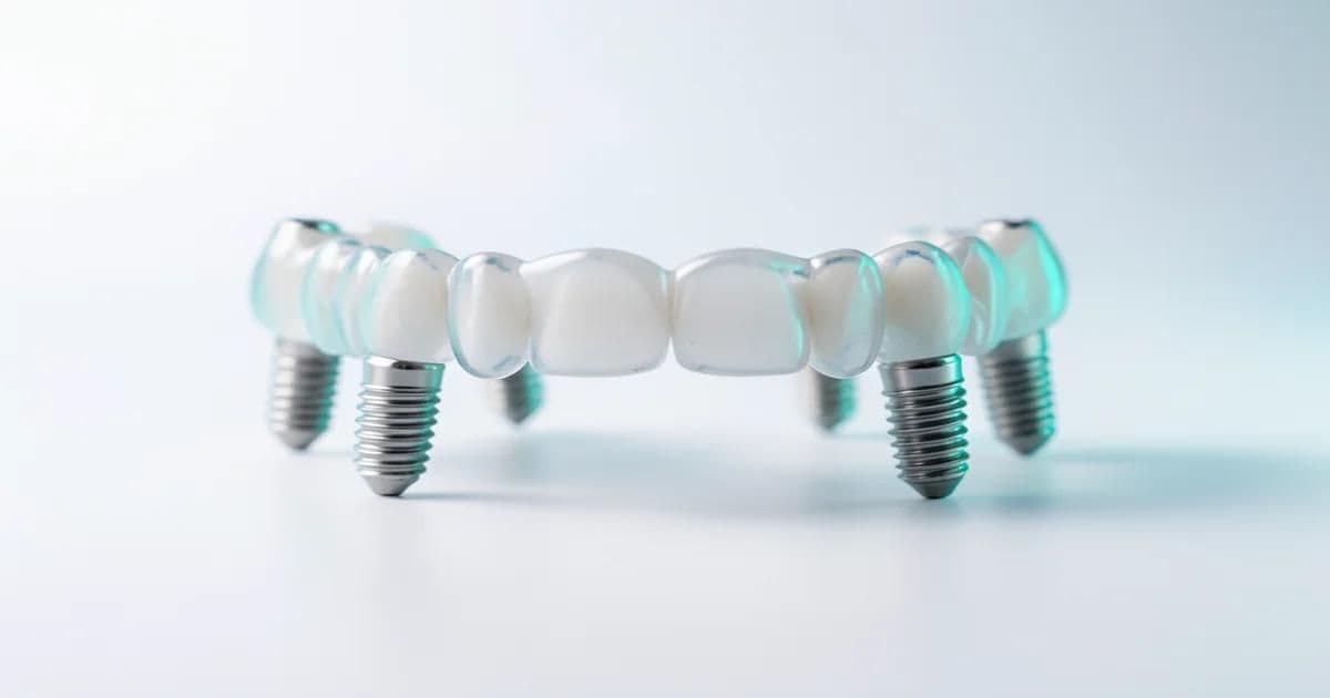 Titanyum vidalarla sabitlenen tam ağız zirkonyum implant köprüsü — All-on-6 tedavi modeli
